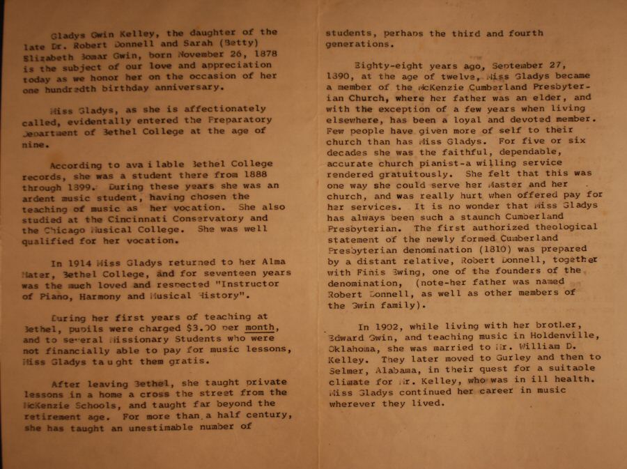 A TRIBUTE TO MISS GLADYS (Mrs. Gladys Gwin Kelley)