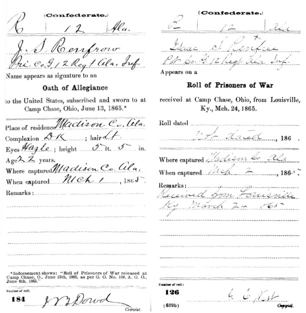 From his Civil War Service Record showing him taking the oath of allegiance at the end of the war as well as him arriving as a POW to Camp Chase OH