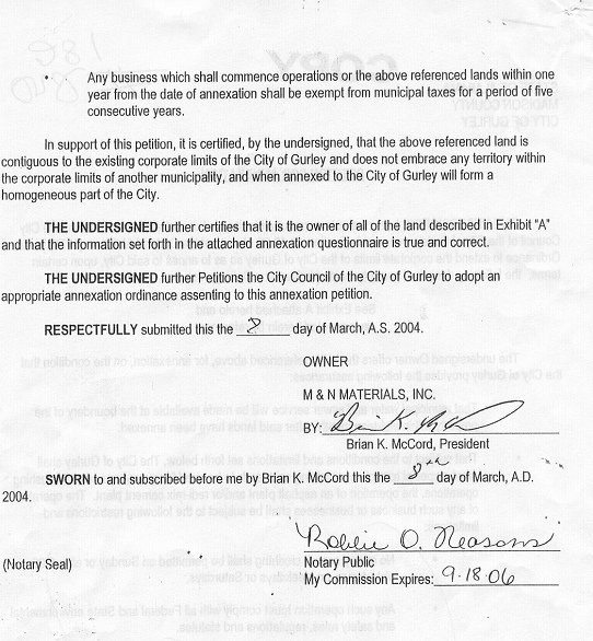 M & N Materials' Petition For Annexation Proposal Ordinance #281 - Petition to Annex Quarry by Brian McCord